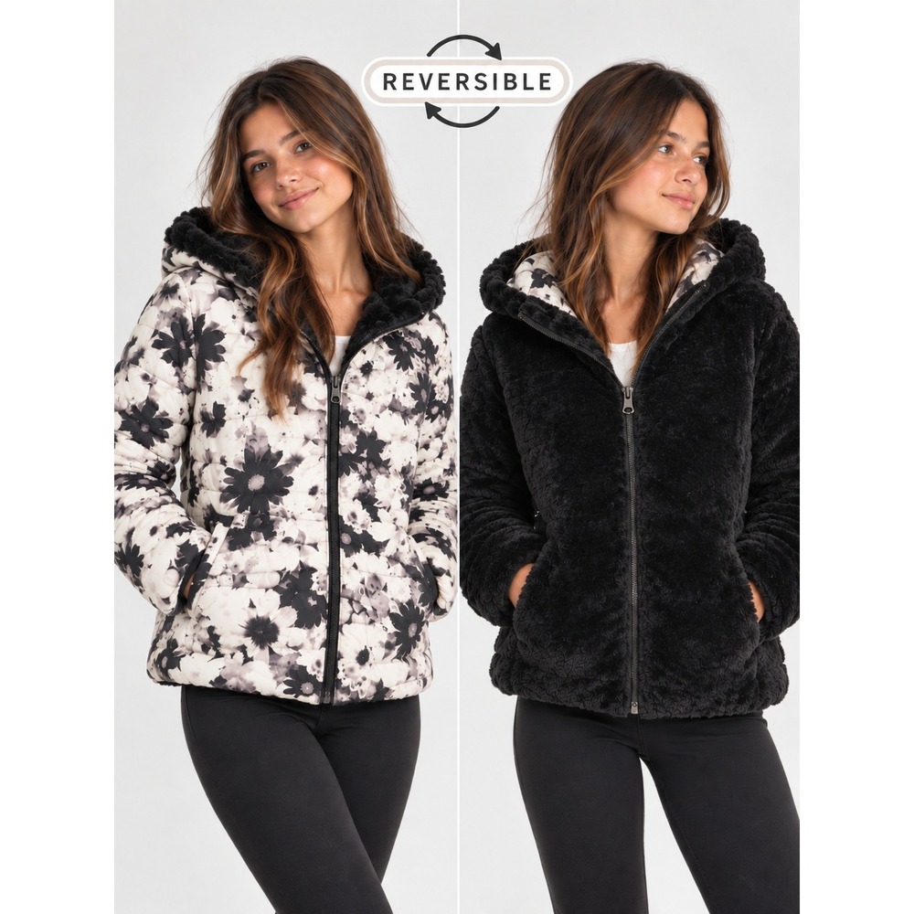 Justice Reversible Floral Puffer Jacket Girls 16/18 Black White Faux Fur Hooded